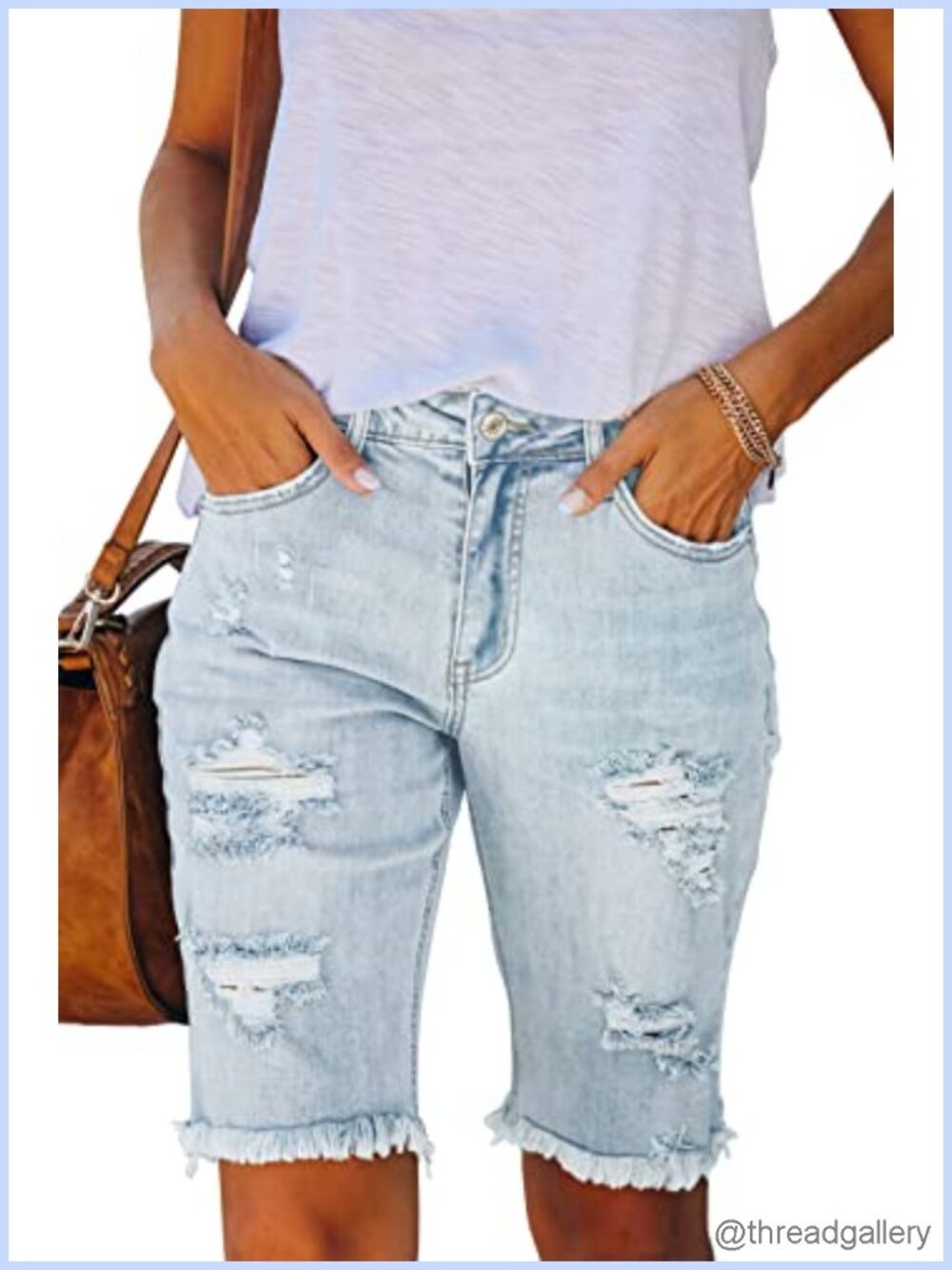Women's Ripped Mid-Rise Stretchy Denim Bermuda Shorts 10" Inseam Slim Fit